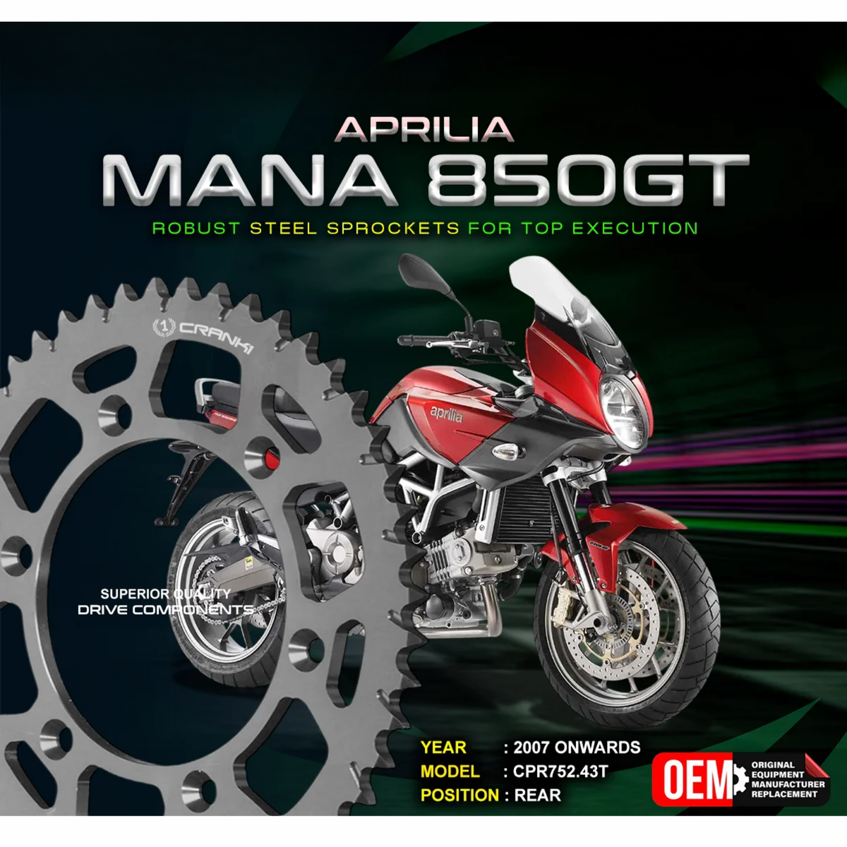 Crank1 Aprilia Mana 850 GT (2007 Onwards) Performance Motorcycle Sprocket - Black - CPR752.43T