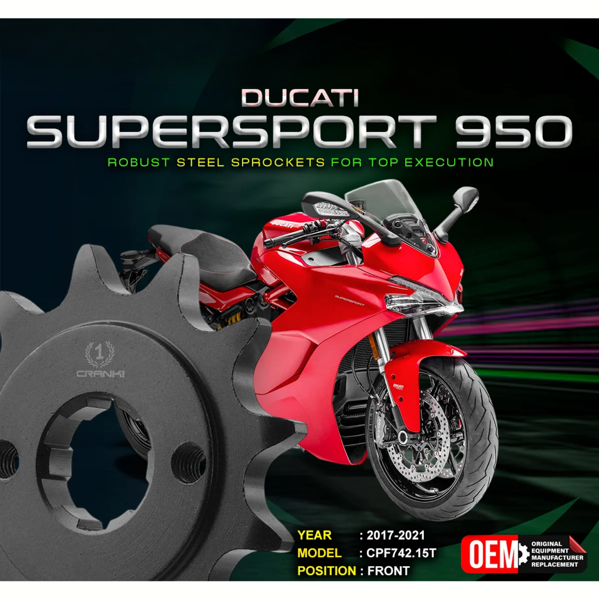 Crank1 Ducati Super Sport 950 (2017-2021) Performance Motorcycle Sprocket - Black - CPF742.15T