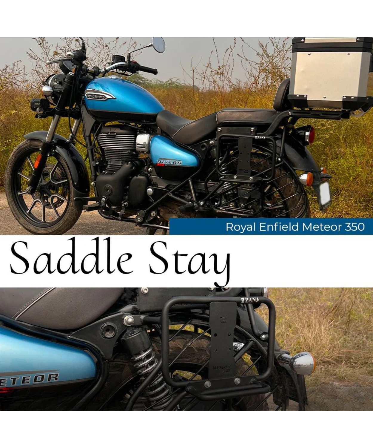 Zana Saddle Stay Mild Steel with Exhaust Shield and Jerry Can Mount Texture Matt Black for Meteor 350 - ZI-8397