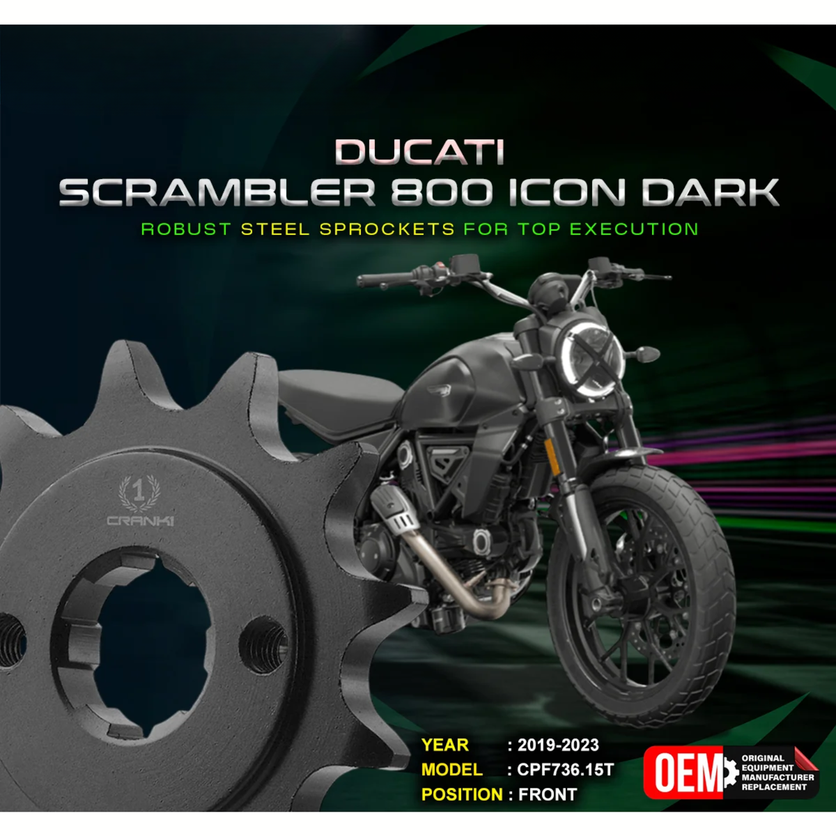 Crank1 Ducati Scrambler 800 Icon Dark (2019-2023) Performance Motorcycle Sprocket - Black - CPF736.15T - Crank 1