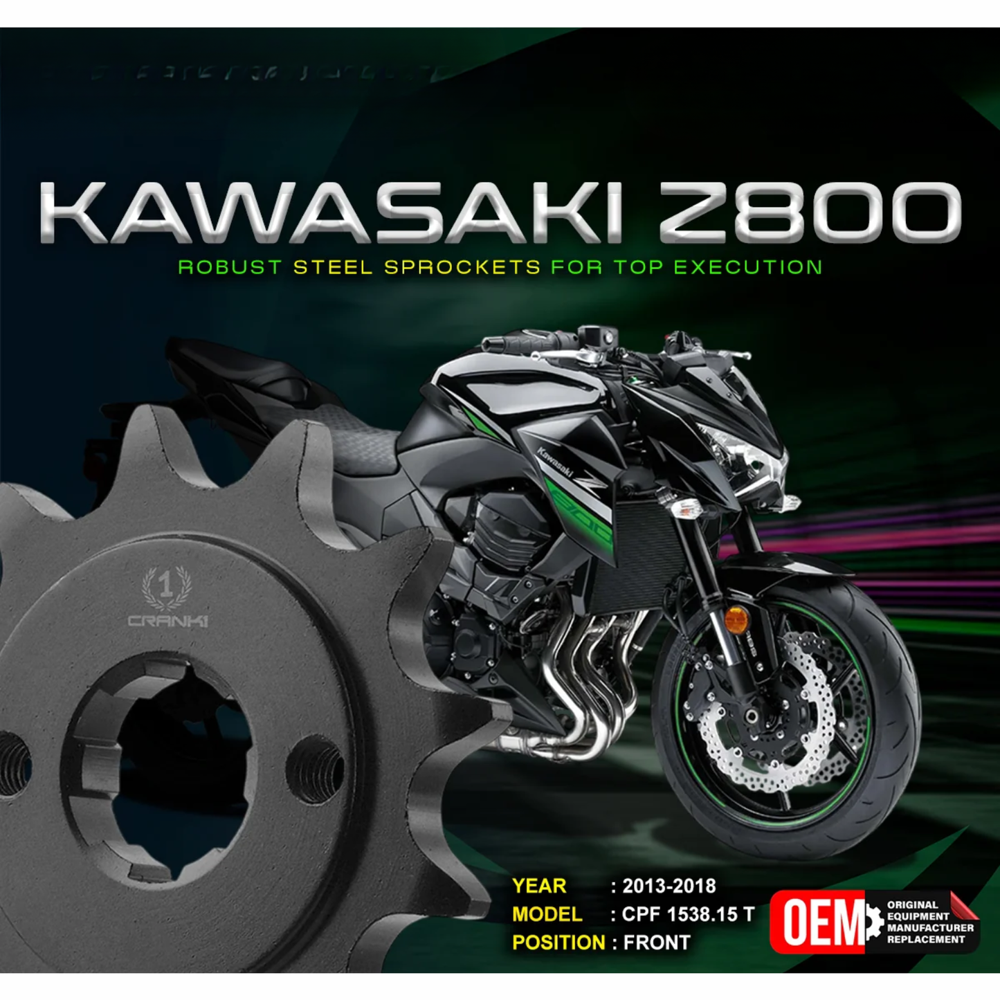 Crank1 Kawasaki Z800 (2013-2018) Pitch 520 Performance Motorcycle Sprocket - Chrome - CPF1538.15T