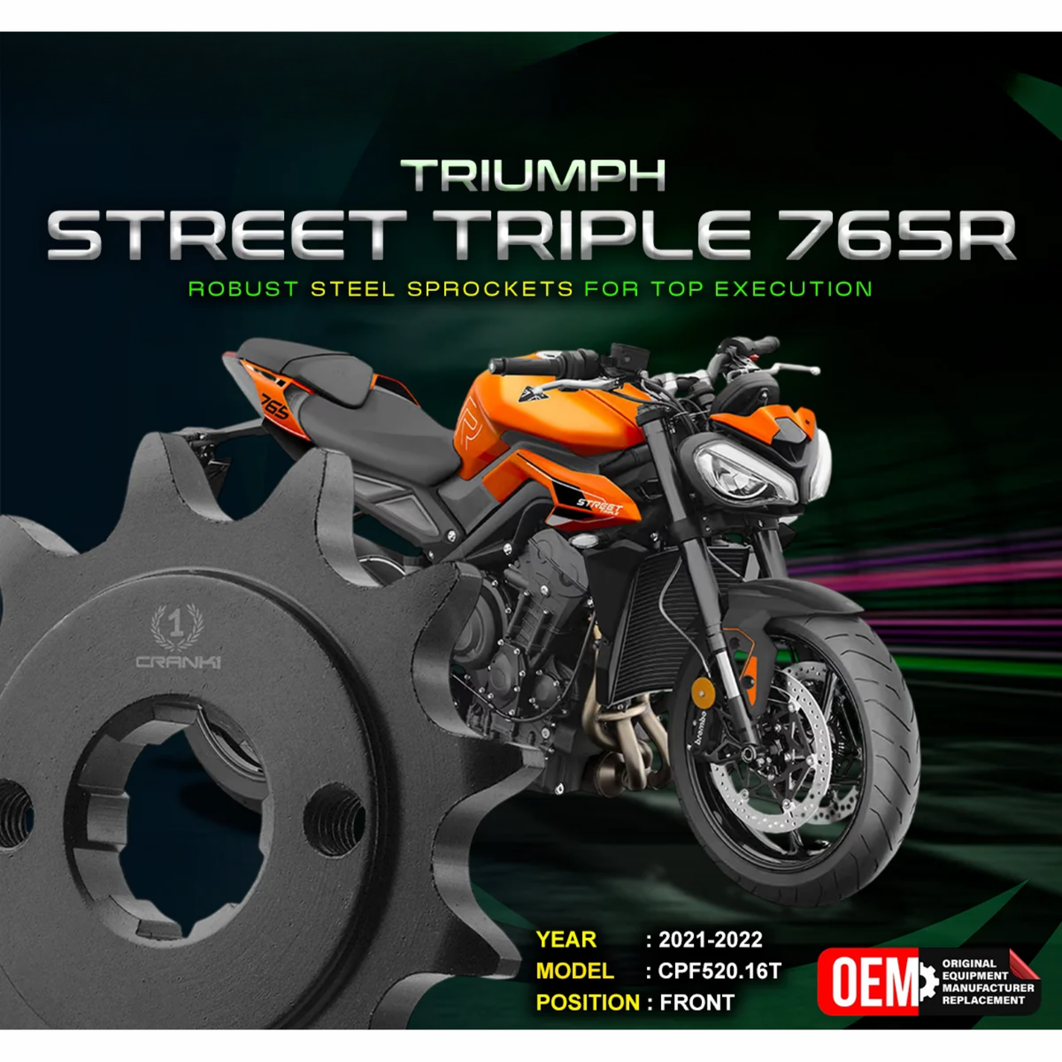 Crank1 Triumph Street Triple 765 R (2021-2022) Performance Motorcycle Sprocket - Chrome - CPF520.16T - Crank 1