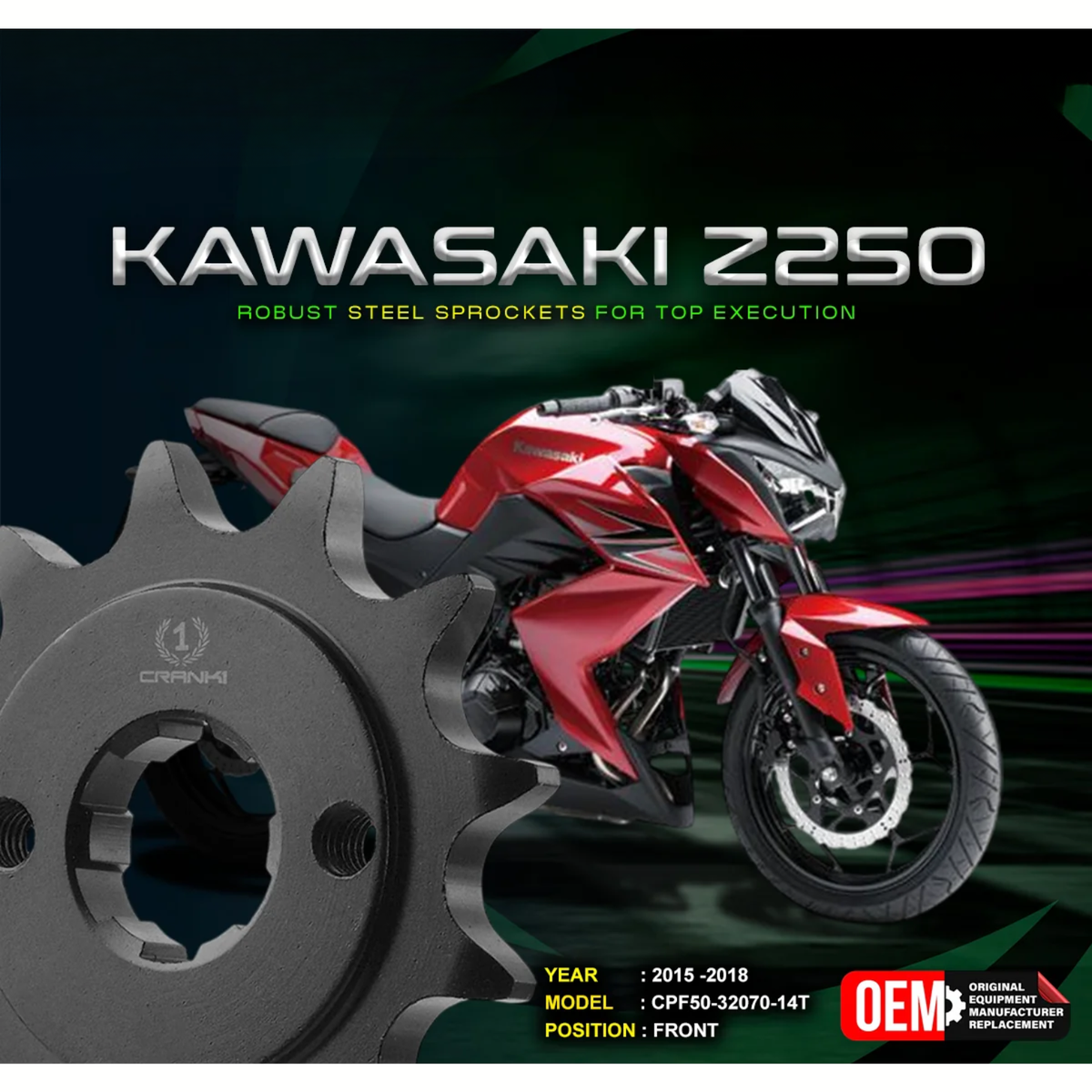 Crank1 Kawasaki Z250 (2015-2018) Performance Motorcycle Sprocket - Chrome - CPF50-32070-14T