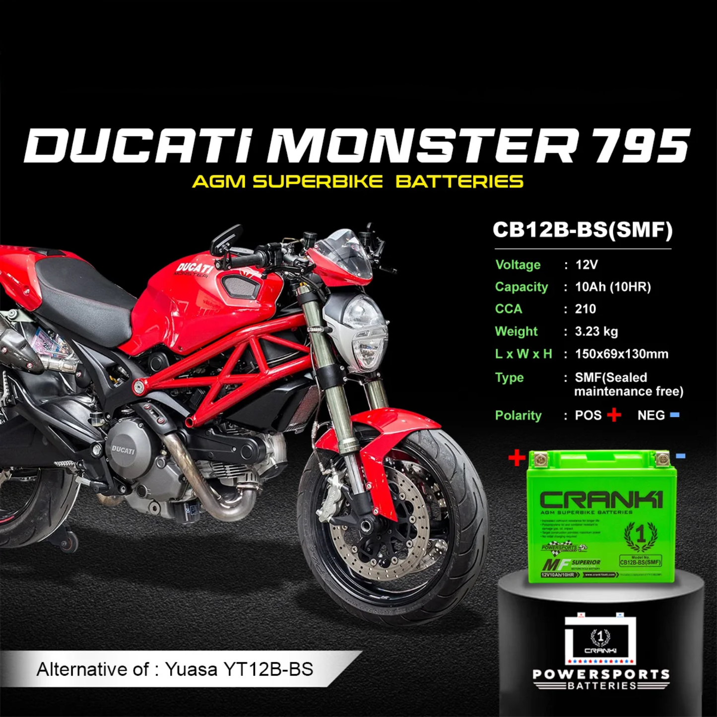Crank1 Ducati Monster 795 (2012-2025) Battery - CB12B-BS