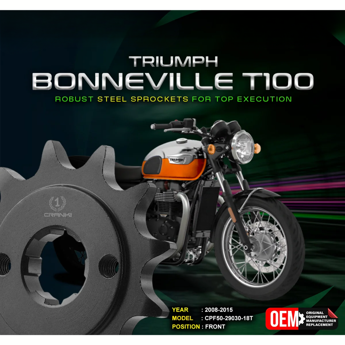 Crank1 Triumph Bonneville T100 (2008-2015) Performance Motorcycle Sprocket - Chrome - CPF50-29030-18T
