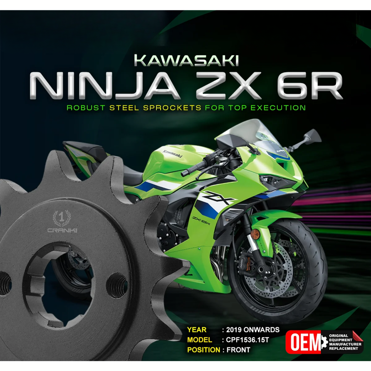 Crank1 Kawasaki Ninja ZX-6R (2019 Onwards) Performance Motorcycle Sprocket - Black - CPF1536.15T