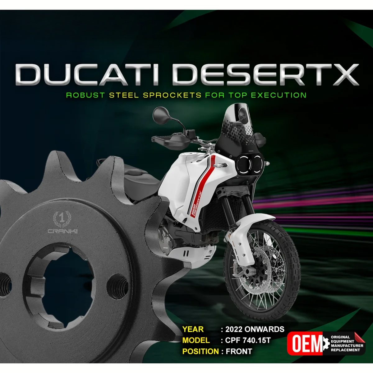 Crank1 Ducati DesertX (2022 Onwards) Performance Motorcycle Sprocket - Black - CPF740.15T - Crank 1