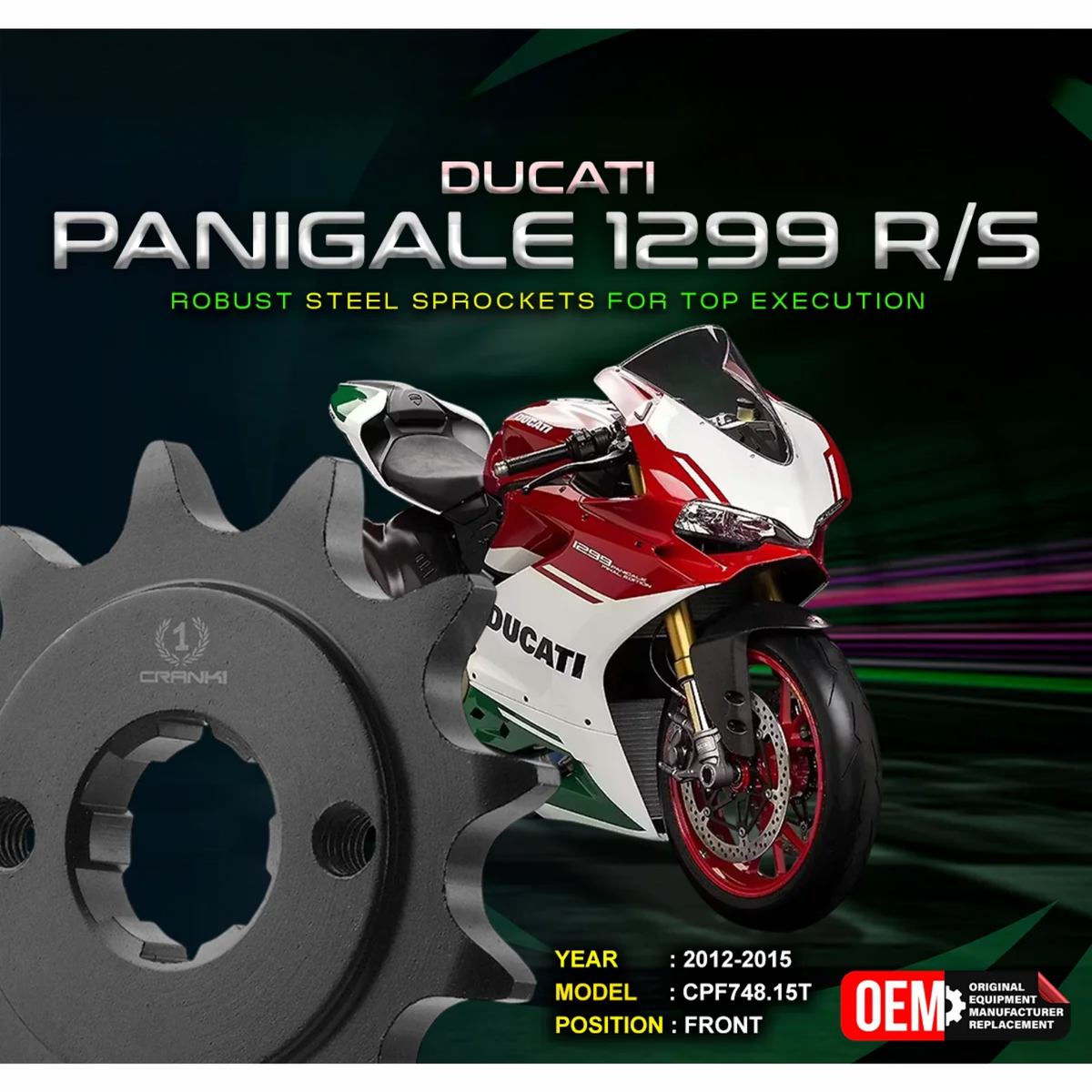 Crank1 Ducati Panigale 1299 R/S (2012-2015) Performance Motorcycle Sprocket - Black - CPF748.15T