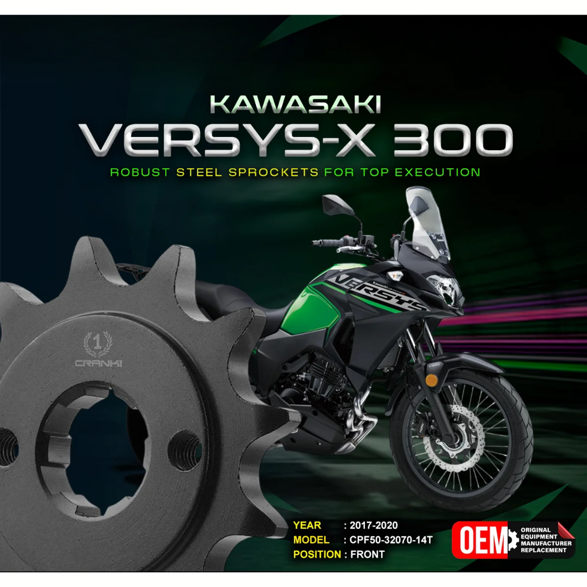 Crank1 Kawasaki Versys-X 300 (2017-2020) Performance Motorcycle Sprocket - Chrome - CPF50-32070-14T