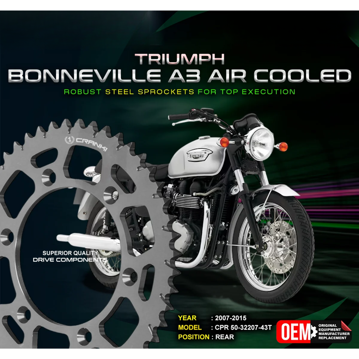 Crank1 Triumph Bonneville A3 Air Cooled (2007-2015) Performance Motorcycle Sprocket - Black - CPR50-32207-43T