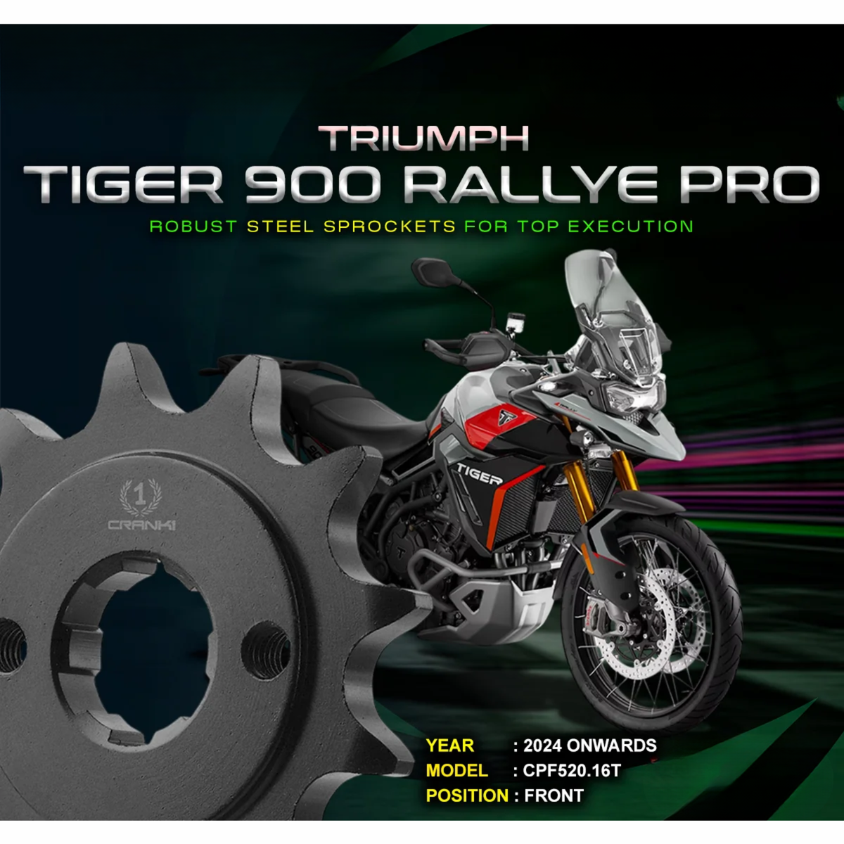 Crank1 Triumph Tiger 900 Rally Pro (2024 Onwards) Pitch 525 Performance Motorcycle Sprocket - Black - Crank 1