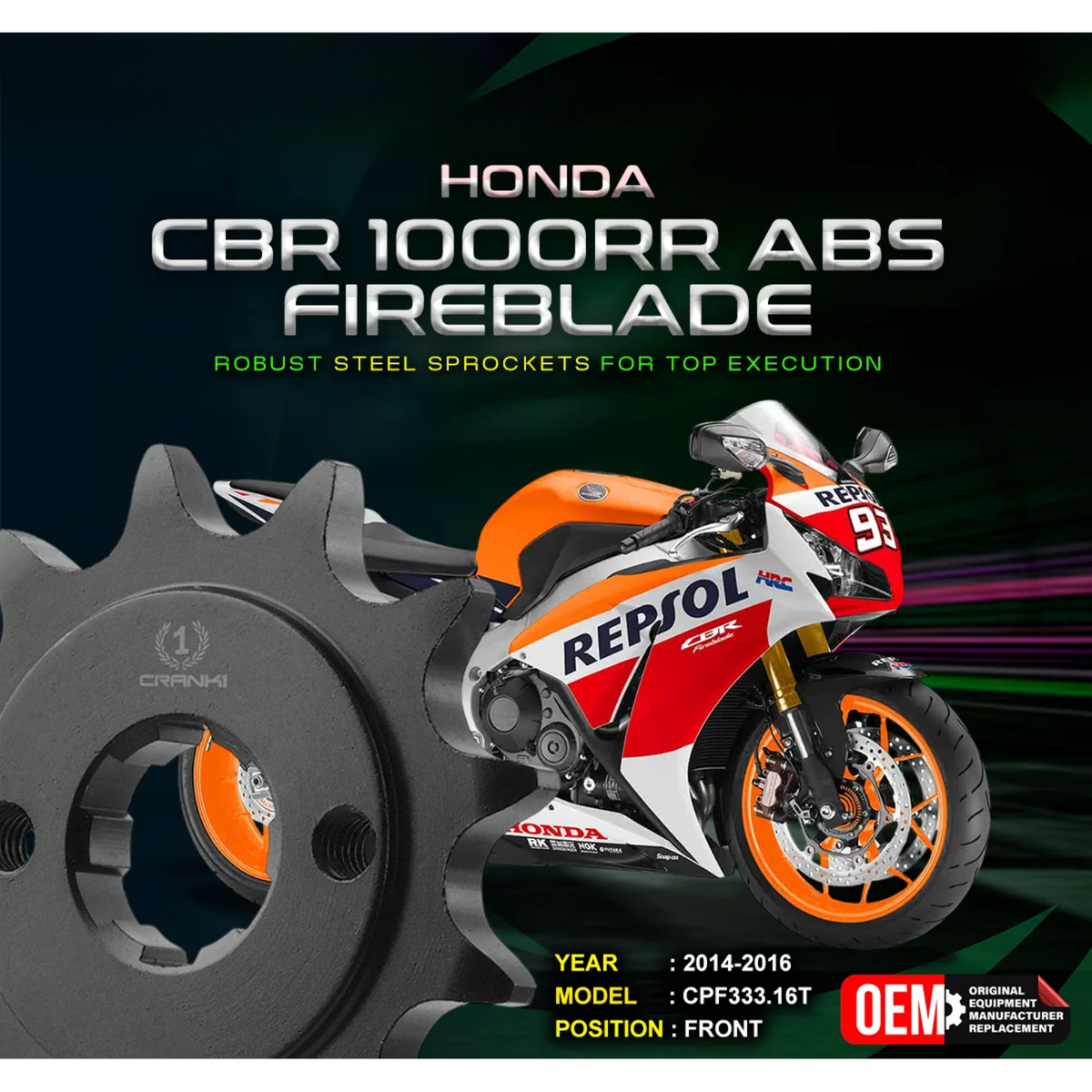 Crank1 Honda CBR 1000RR ABS Fireblade (2014-2016) Performance Motorcycle Sprocket - Black - CPF333.16T