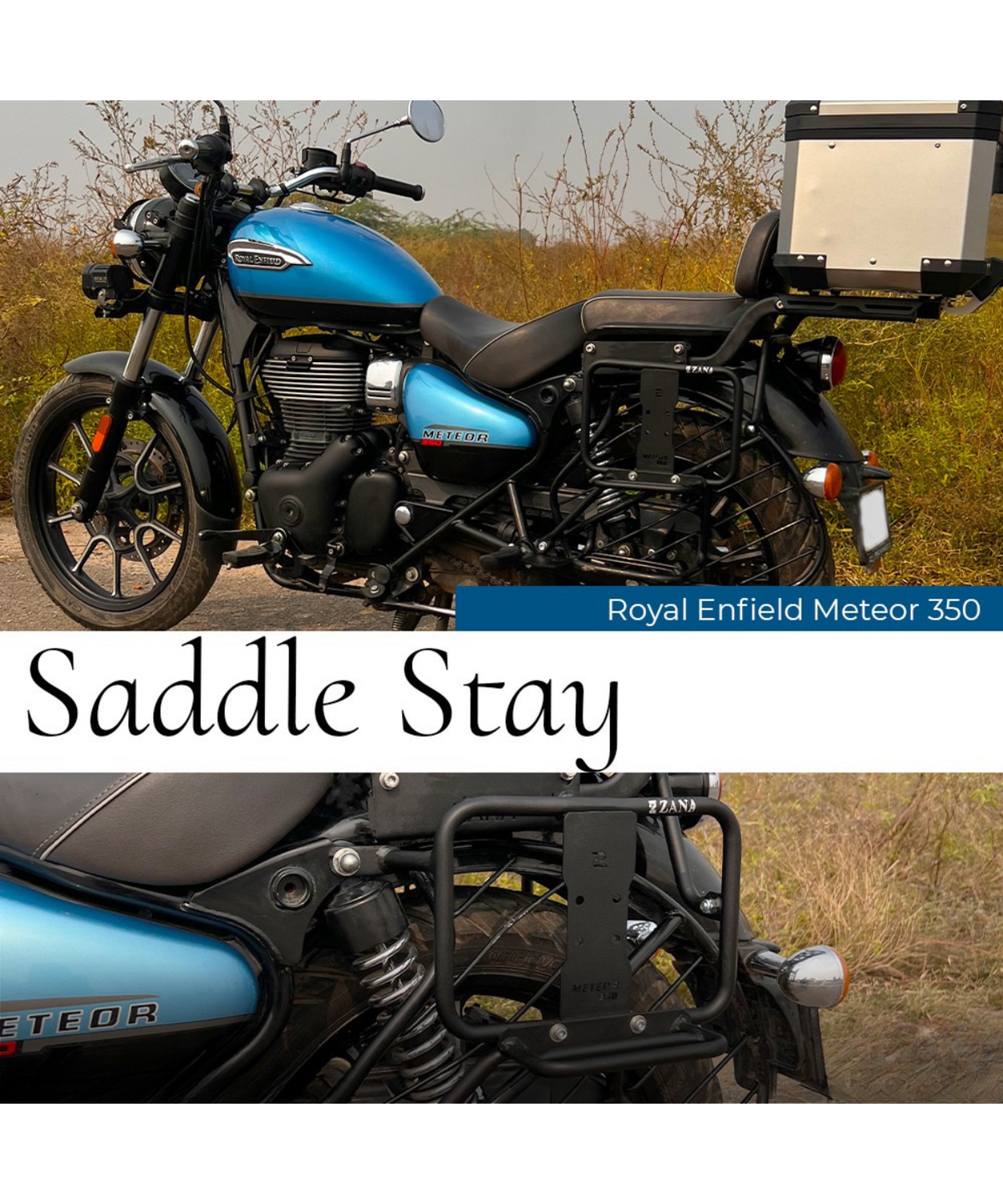 Zana Royal Enfield Meteor 350 Saddle Stay Mild Steel with Exhaust Shield and Jerry Can Mount - Texture Matt Black