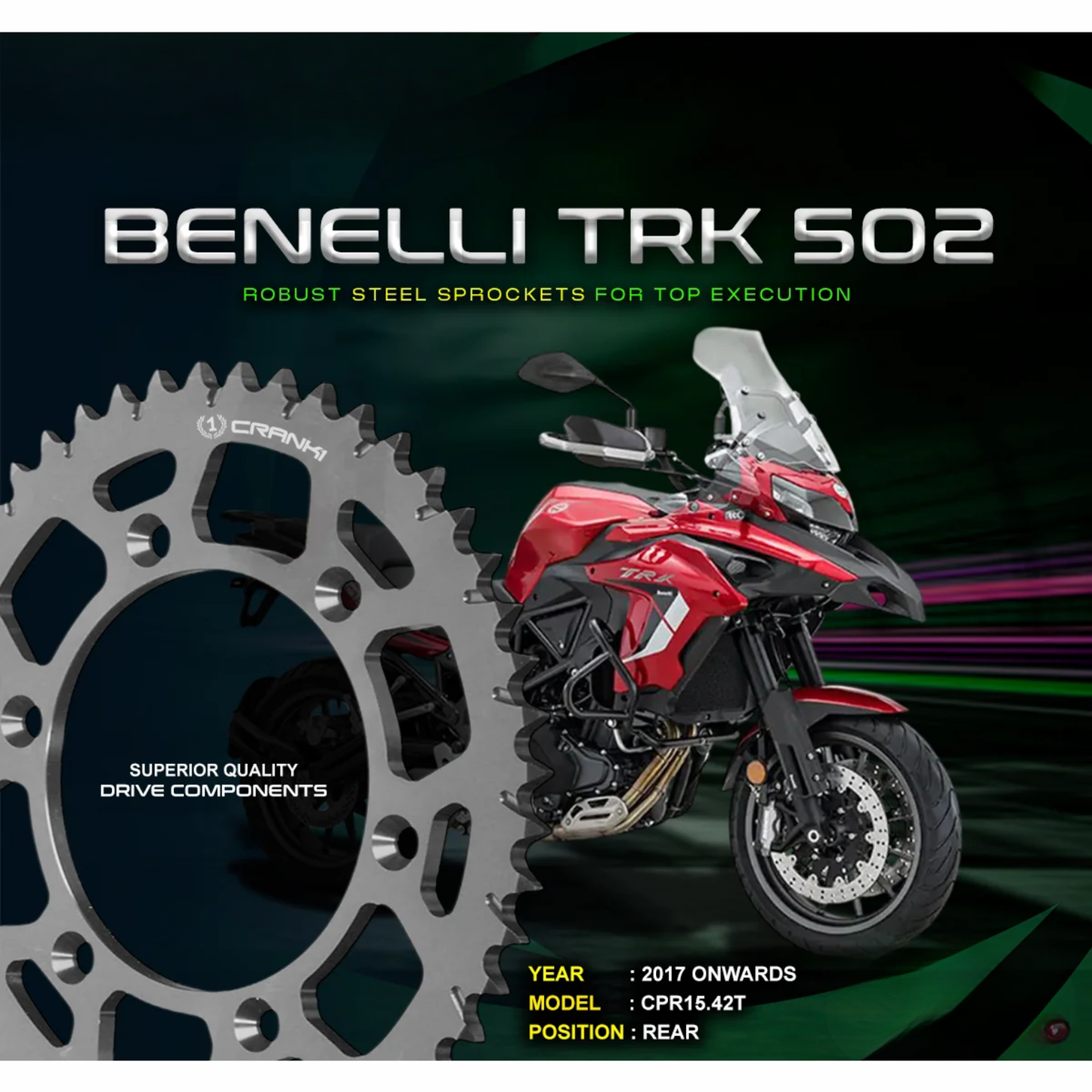 Crank1 Performance Motorcycle Sprocket Benelli TRK 502 (2017 Onwards) Pitch 525 - Chrome - CPR15.42T