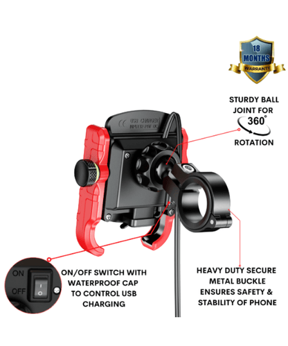 Yellowfin Jaw-grip Fast QC 3.0 Mobile Holder with charger for Bikes &amp; Scooters - M8 Red