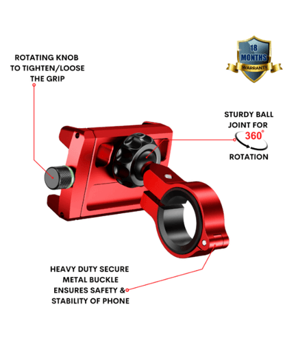 Yellowfin Claw Grip Aluminium Mobile Phone Holder Mount with 360 Rotation - M7 Red