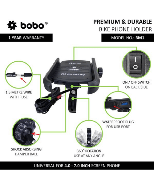 BOBO BM1 Jaw-Grip Bike Phone Holder Motorcycle Mobile Mount - Black