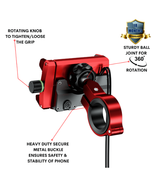 Yellowfin Claw-grip 2.5 A USB Mobile Holder with charger for Bikes - M6 Red