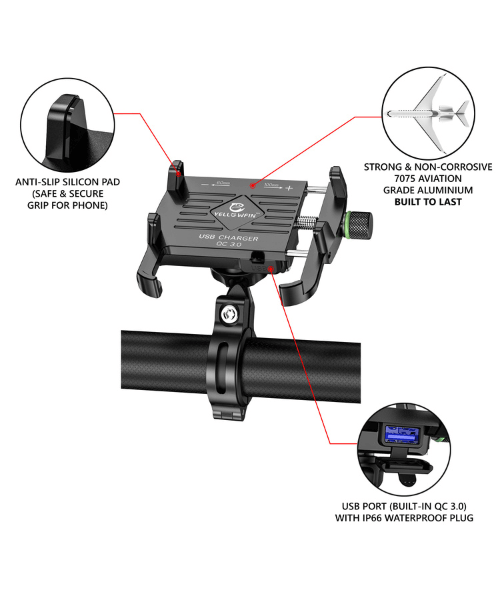 Yellowfin Claw-Grip with Fast QC 3.0 Mobile Holder with Charger for Bikes & Scooters - M6S Black