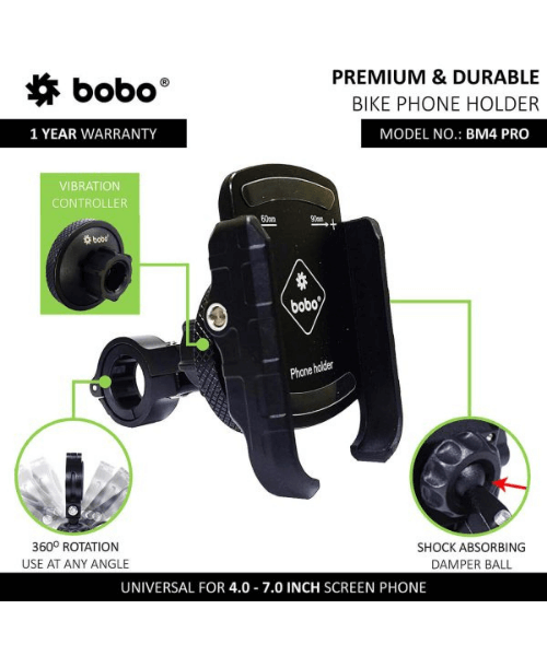 BOBO BM4 PRO Jaw-Grip Bike Phone Holder with Vibration Controller Motorcycle Mobile Mount - Black