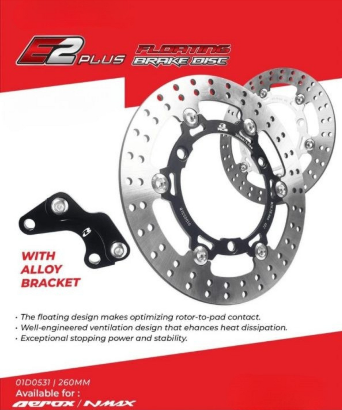 RCB Steel Floating Brake Disc E2+ Series Aerox 260MM wth Bracket Black - 01D0531B - RCB