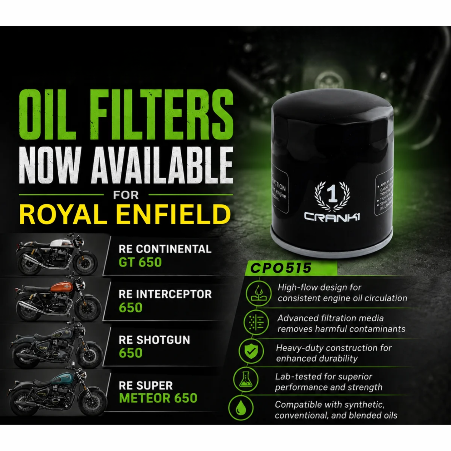 Crank1 Royal Enfield Continental GT 650 (2018 Onwards) Performance Oil Filters - CPO-515