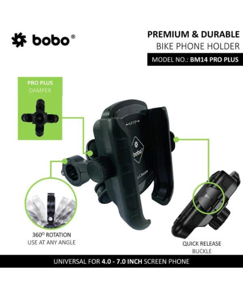 BOBO Quick Release with PRO PLUS Vibration Damper Enhanced BM4 PRO PLUS Bike Cycle Phone Holder Motorcycle Mobile Mount - Black - BM14 PRO PLUS