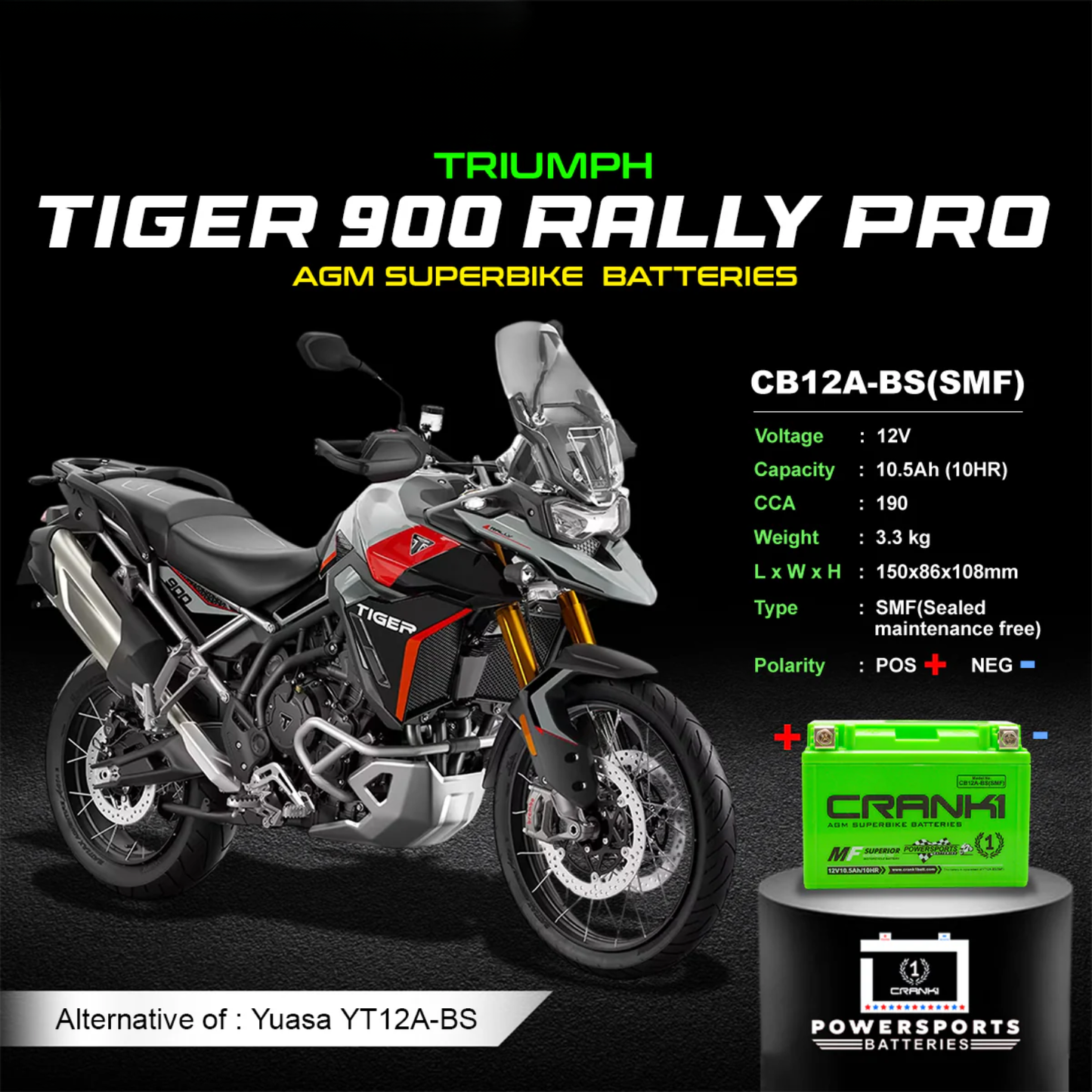 Crank1 Battery For Triumph Tiger 900 Rally Pro (2024 Onwards) - CB12A-BS