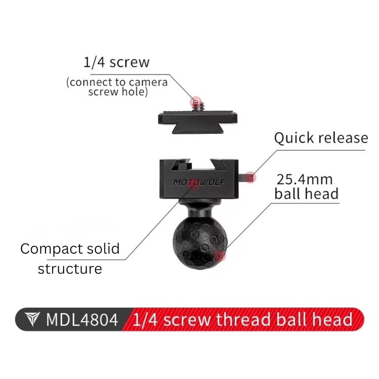 Motowolf Action Camera Quick Release 1/4 Thread Adapter with Ball Head