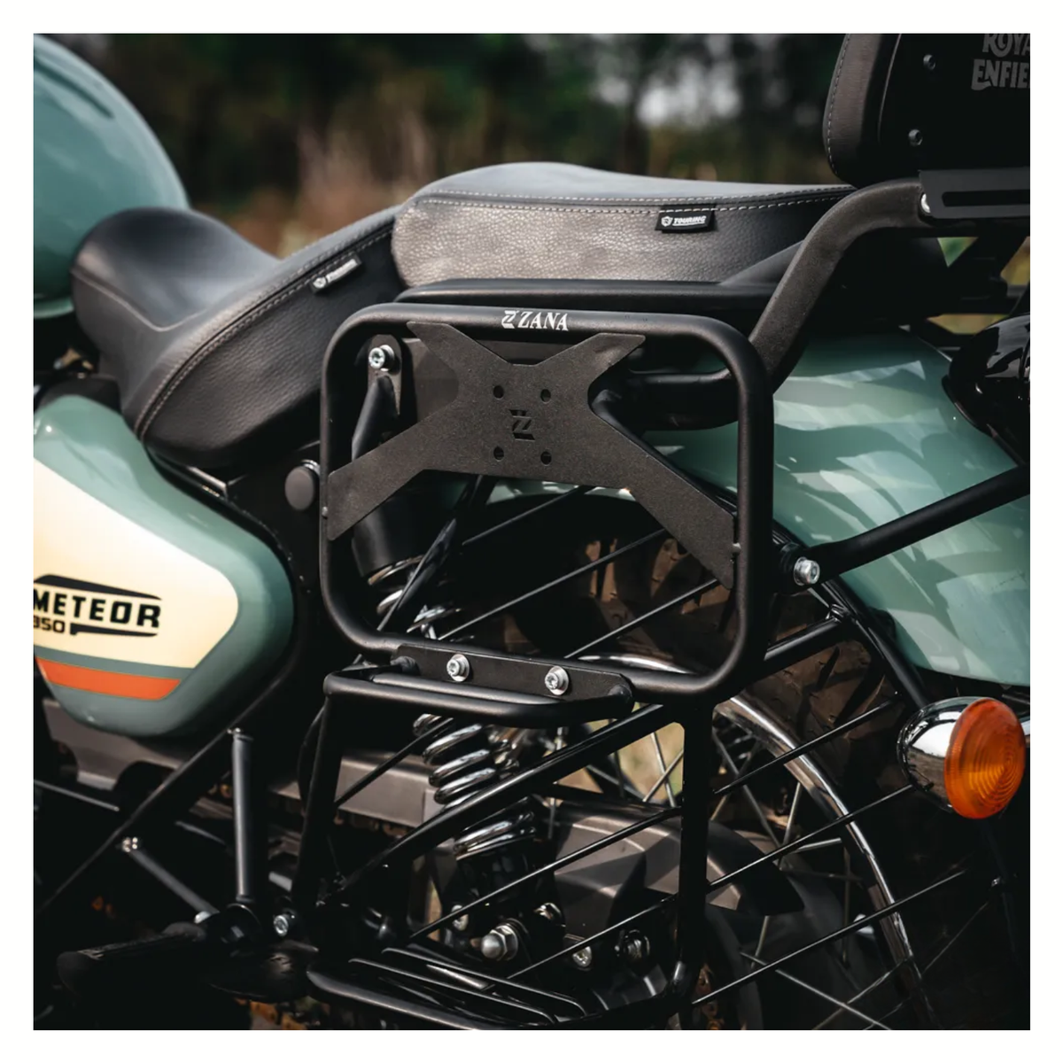 Zana Royal Enfield Meteor 350 V-2 Saddle Stay Mild Steel with Exhaust Shield and Jerry Can Mount - Texture Matt Black