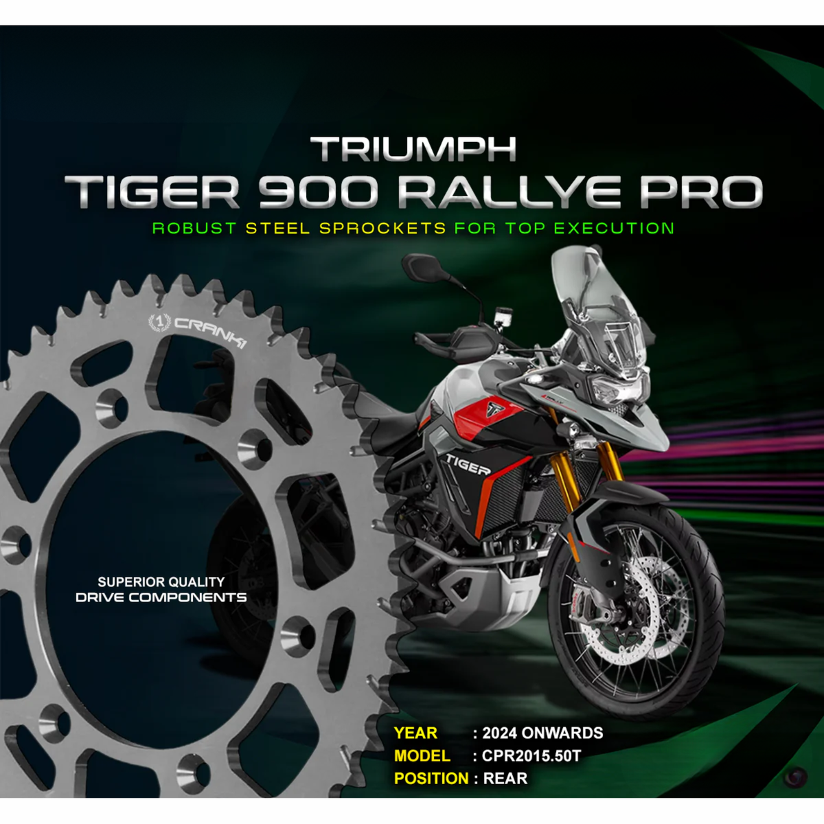 Crank1 Triumph Tiger 900 Rally Pro (2024 Onwards) Pitch 525 Performance Motorcycle Sprocket - Chrome - Crank 1