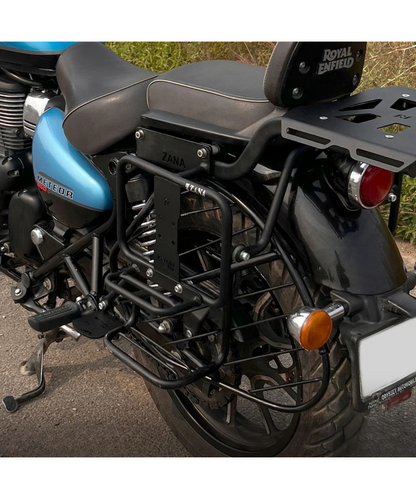 Zana Saddle Stay Mild Steel with Exhaust Shield and Jerry Can Mount Texture Matt Black for Meteor 350 - ZI-8397
