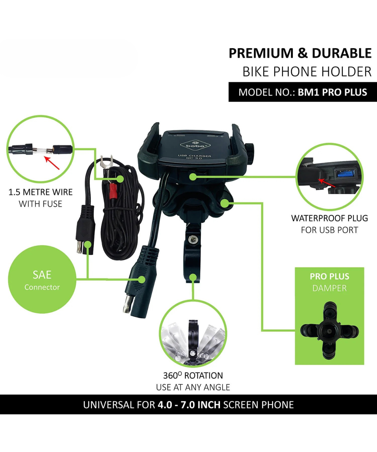 BOBO BM1 Pro Pluse Bike Phone Holder Jaw-Grip with Vibration Damper and Fast USB 3.0 Charger and SAE Connector & Fast USB Cable