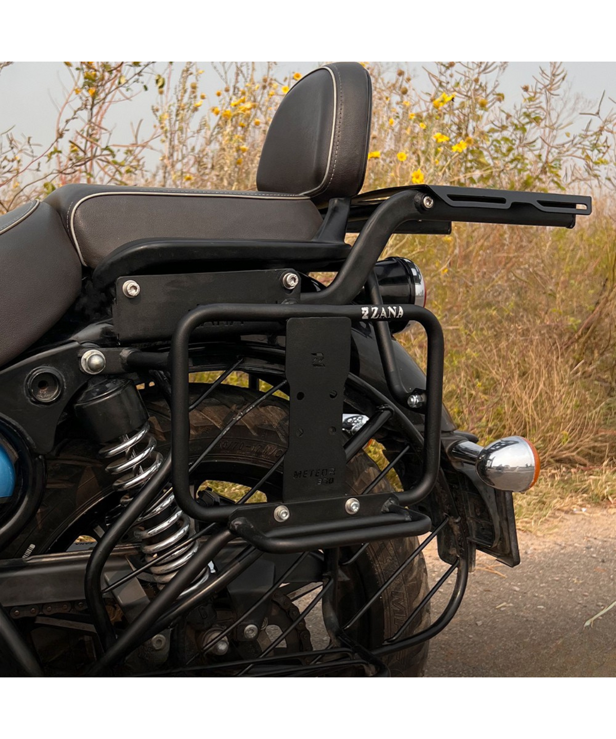 Zana Royal Enfield Meteor 350 Saddle Stay Mild Steel with Exhaust Shield and Jerry Can Mount - Texture Matt Black