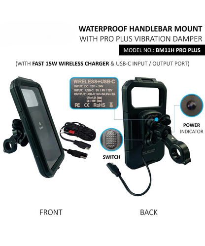 BOBO BM11H Pro Plus Fully Waterproof Bike Phone Holder with Vibration Damper and Fast 15W wireless Charger & USB-C Input/Output Port.