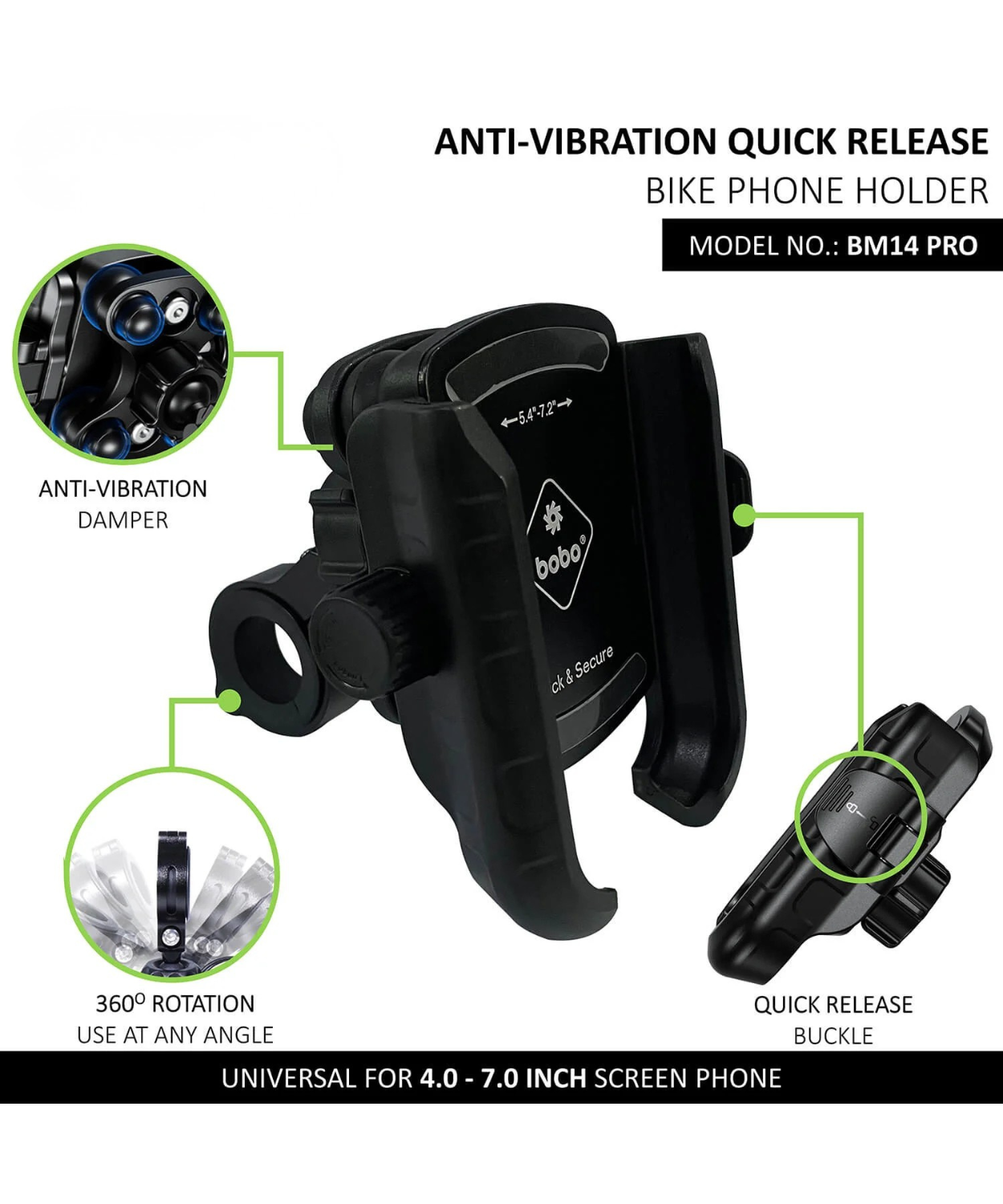 BOBO BM14 Pro X Motorcycle Mobile Mount with Quick Relesase and Pro X Vibration Controller