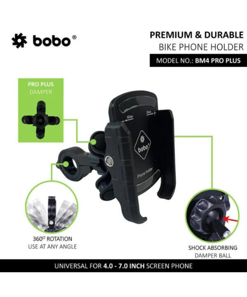 BOBO Jaw-Grip Bike Phone Holder with PRO PLUS Vibration Damper Motorcycle Mobile Mount - Black - BM4 PRO PLUS