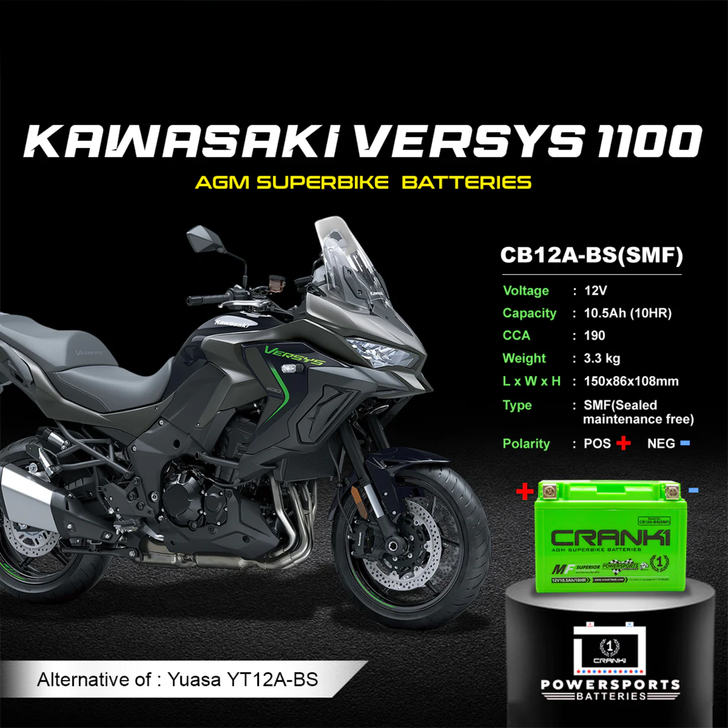 Crank1 Battery For Kawasaki Versys 1100 (2024 Onwards) - CB12A-BS