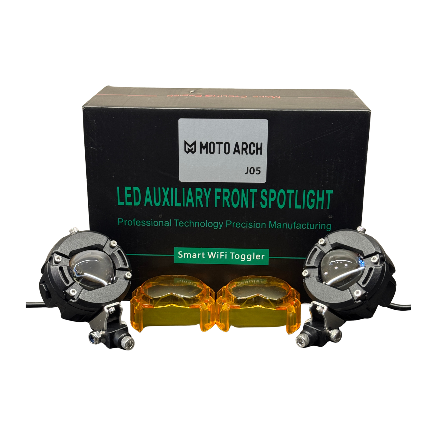 Moto Arch J05 60W Fog Light with Wireharness / Clamps / Wireless Switch - White Yellow
