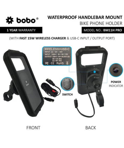 BOBO Fully Waterproof Bike Phone Holder with Vibration Controller (with Fast 15W Wireless Charger and USB-C Input/Output Port) Motorcycle Mobile Mount - Black - Handlebar Attachment - BM11H PRO