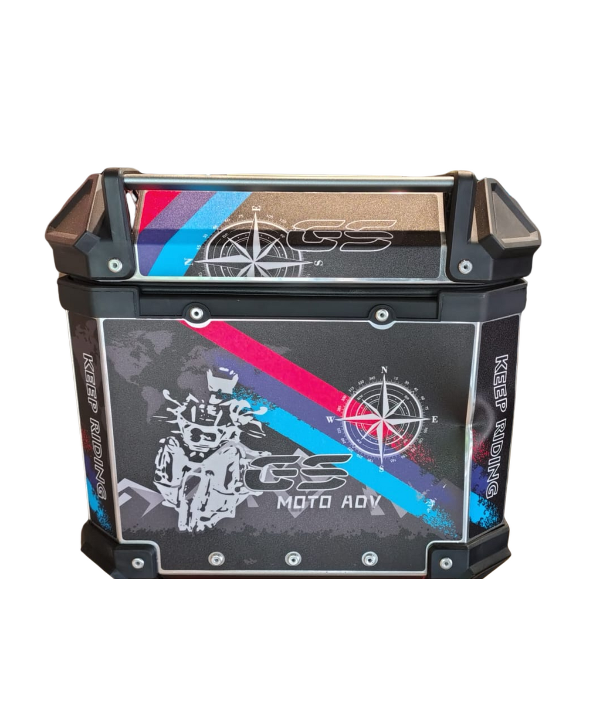 Moto Arch Aluminium Top Box 45L with Backrest - Black GS Graphics (Open Box) - Moto Arch