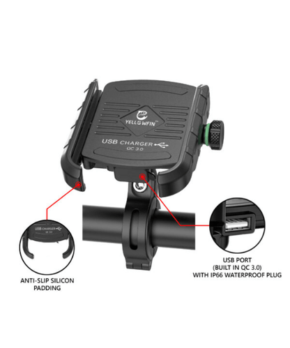 Yellowfin Jaw-grip Fast QC 3.0 Mobile Holder with charger for Bikes & Scooters - M8 Black