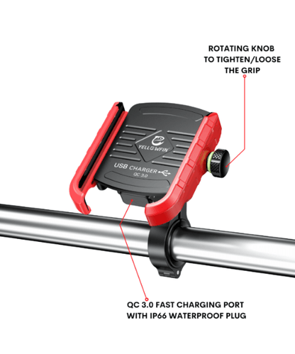 Yellowfin Jaw-grip Fast QC 3.0 Mobile Holder with charger for Bikes &amp; Scooters - M8 Red