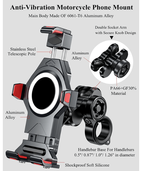 Yellowfin Aluminium Alloy Motorcycle Phone Mount with Vibration Dampener Secure Anti-Theft Lock | One-Push Auto Lock Handlebar M23-C1-Pro Elite - No Charger