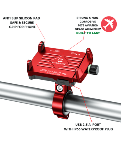 Yellowfin Claw-grip 2.5 A USB Mobile Holder with charger for Bikes - M6 Red