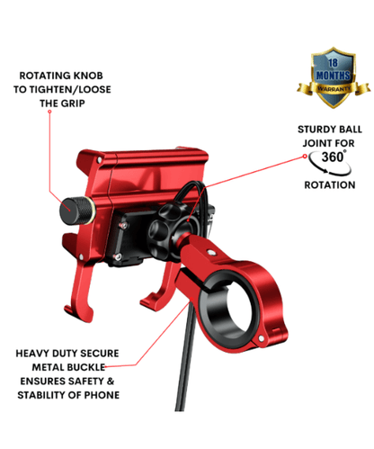 Yellowfin Claw-grip with Fast QC 3.0 Mobile Holder with Charger for Bikes & Scooters - M6S Red