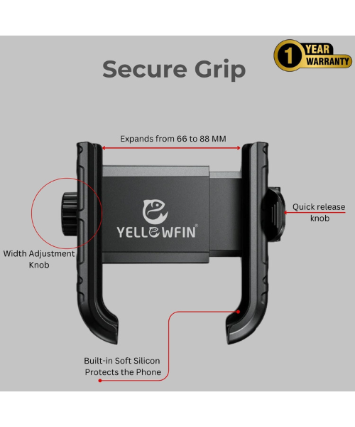 Yellowfin Quick Release Jaw Grip Mobile Phone Mount Holder with 360¬? Rotation for Motorcycle - BKW-2