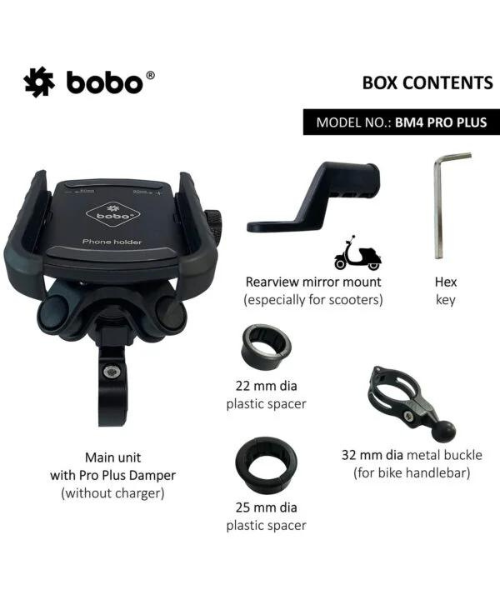 BOBO Jaw-Grip Bike Phone Holder with PRO PLUS Vibration Damper Motorcycle Mobile Mount - Black - BM4 PRO PLUS