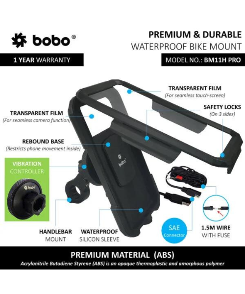 BOBO Fully Waterproof Bike Phone Holder with Vibration Controller (with Fast 15W Wireless Charger and USB-C Input/Output Port) Motorcycle Mobile Mount - Black - Handlebar Attachment - BM11H PRO