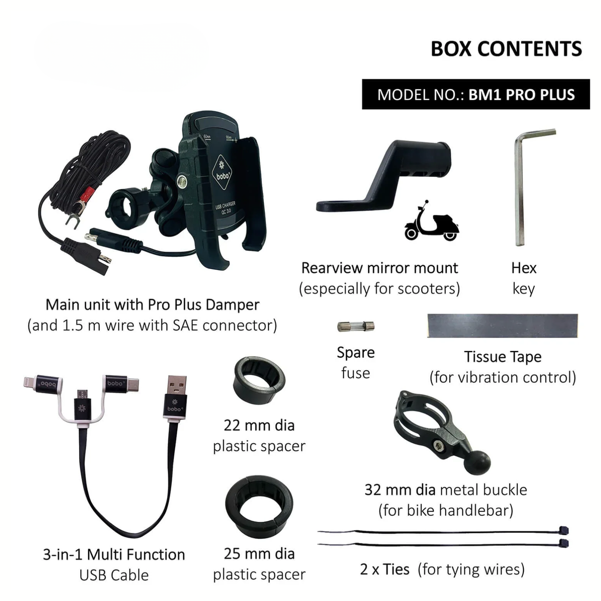BOBO BM1 Pro Pluse Bike Phone Holder Jaw-Grip with Vibration Damper and Fast USB 3.0 Charger and SAE Connector & Fast